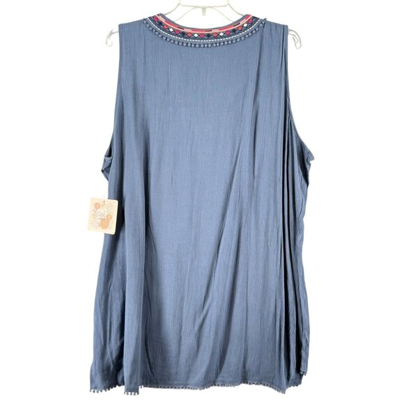 Lark+Grey Womens 1X Aztex Boho Embroidered Tunic Top Blue Pom-Pom Trim Sleeveles - Picture 7 of 8